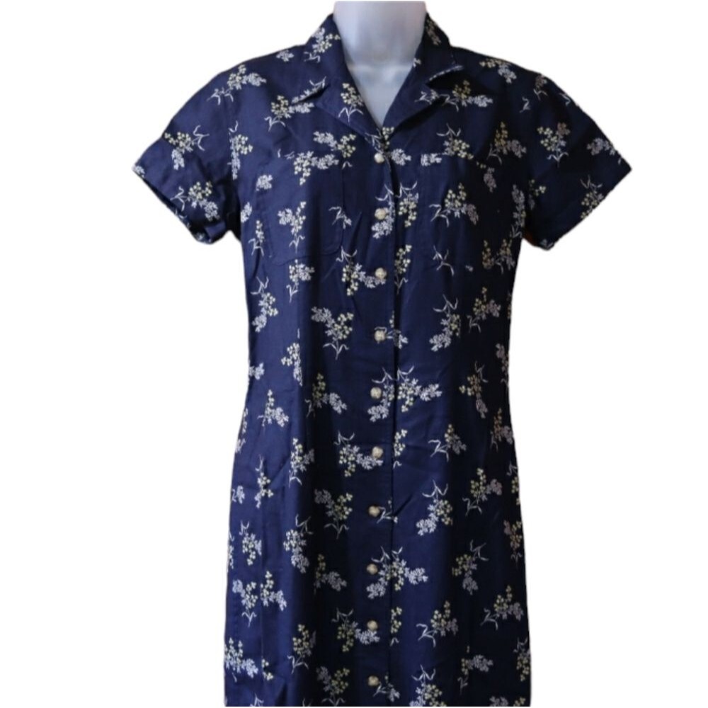 Liz Claiborne Lizwear Navy Blue Floral Linen Rayon Button Front Maxi Teacher Dre